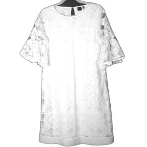 Kaari Blue white lace lined midi dress‎ bell sleeve keyhole back size  M